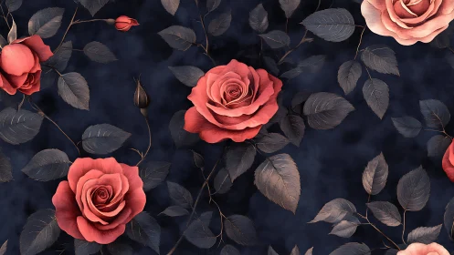 Coral Roses Against Deep Navy Foliage. Elegant Botanical.
