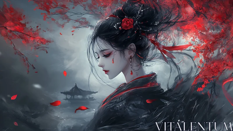 Profile view of stylized woman amid red foliage elements