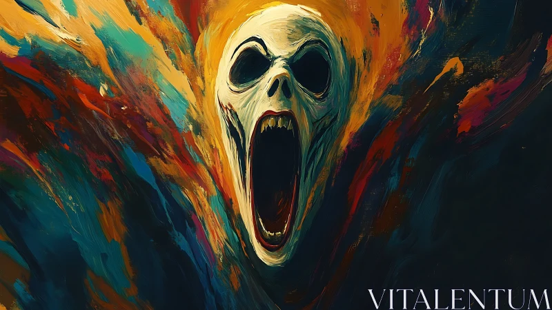 Skull-like figure with open mouth in swirling colors.