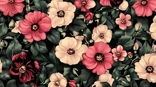 Vintage Floral Tapestry: Dancing Petals in Coral Pink.