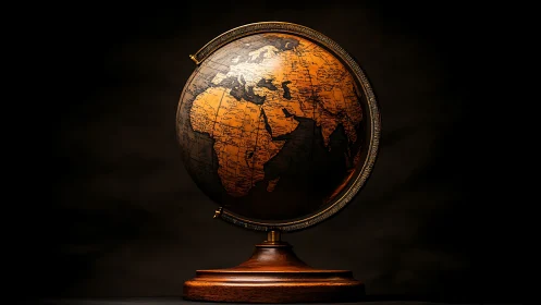 Illuminated vintage terrestrial globe on wooden pedestal stand