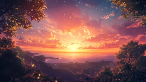 Vibrant anime sunset over coastal city and mountainscape.