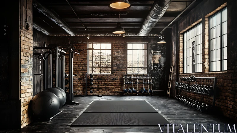Industrial loft gym interior with free weights and rigs.