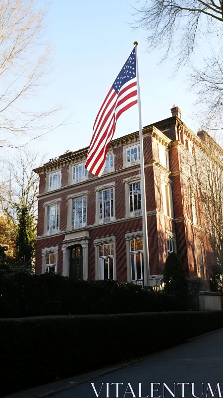 Photorealistic Federal-style townhouse with flagpole emphasis.