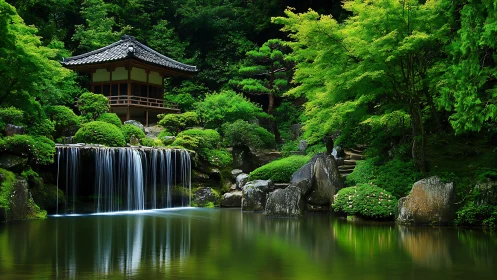 Traditional pavilion overlooks small waterfall in dense garden