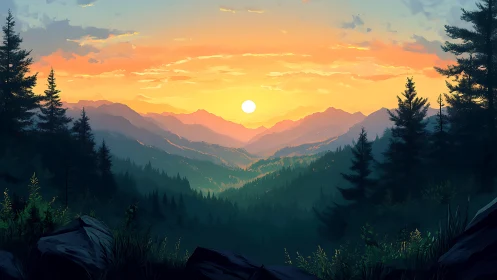 Sunset light cascades across misty evergreen mountainscape.