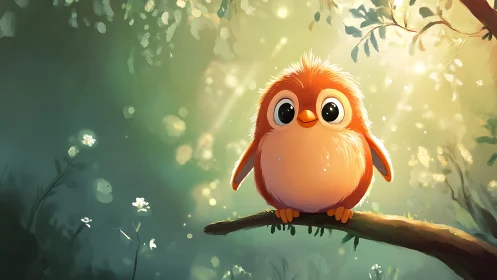 Adorable Cartoon Bird Perched on Sunlit Branch, Whimsical Style.