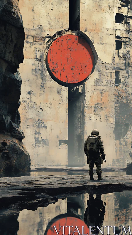 Solitary astronaut before massive red circular gateway.