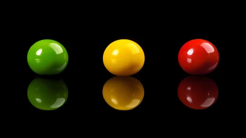 Three glossy colored spheres with strong reflections on black