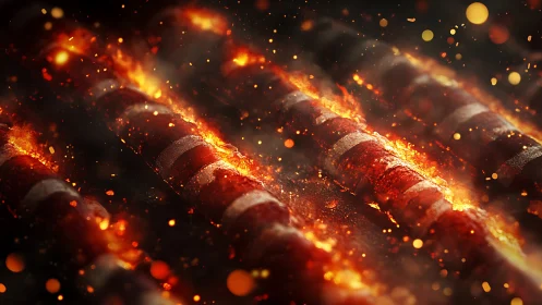 Molten sparks over glowing metal bars in fiery motion.