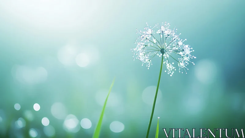 Single dandelion seed head rises against soft teal bokeh field