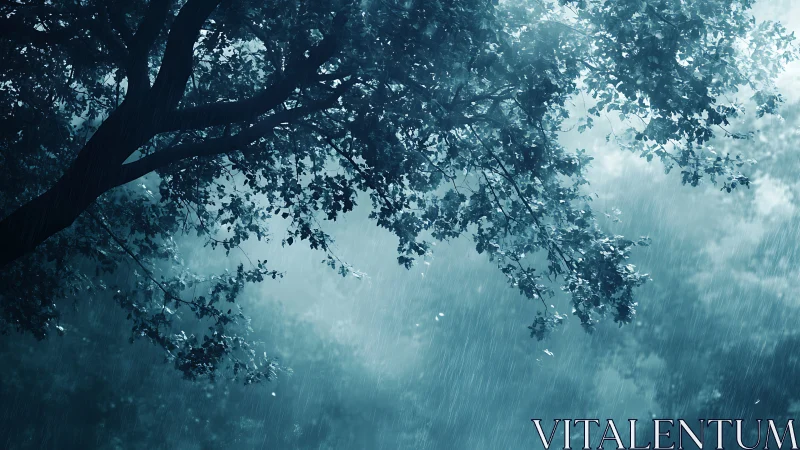 Tree canopy in steady rainfall under cool blue light.