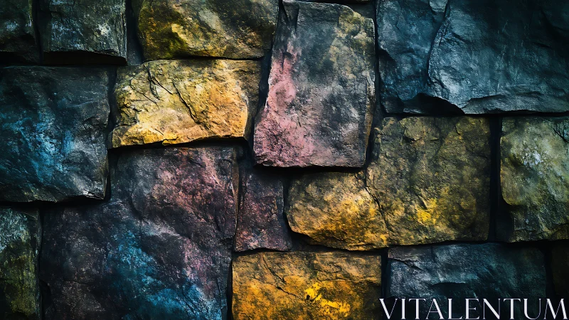 Multicolored stone wall texture under dramatic low lighting.