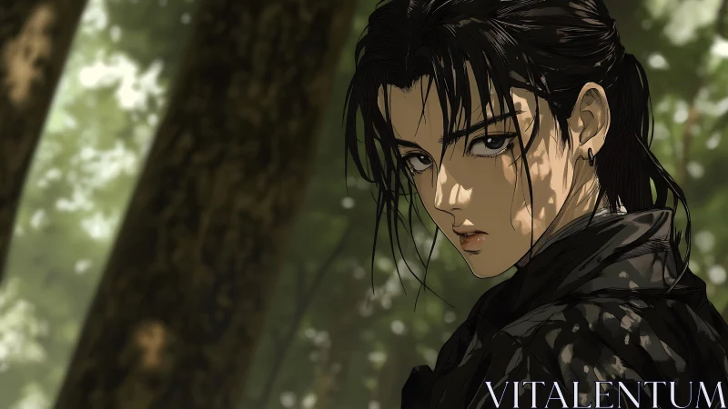 Quiet strength lingers as a lone anime hero walks the forest