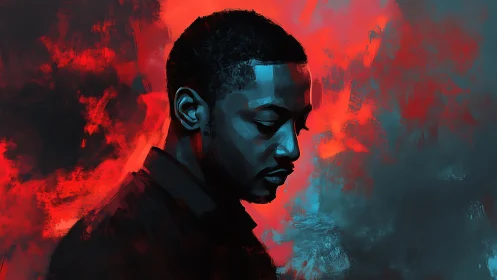 Solitary silhouette adrift in electric red and midnight blue.