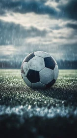 Rain-soaked match ball waits on stormy floodlit turf.