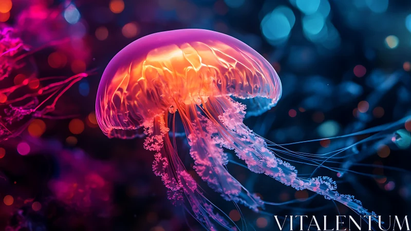 Luminous jellyfish drifts through neon underwater glowscape.