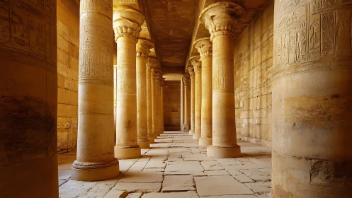 Stone colonnade interior shows carved Egyptian hieroglyphs