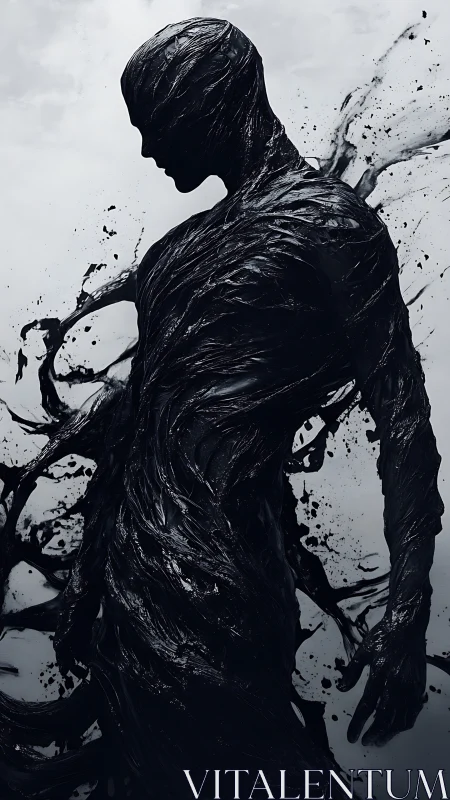 Silhouetted humanoid figure formed from swirling black liquid