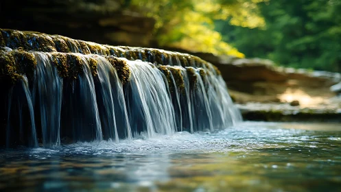 Tiered forest waterfall over rocks in soft daylight.