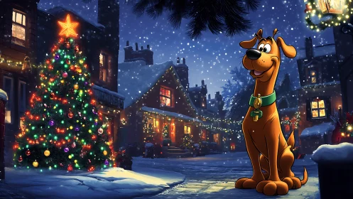 Cartoon hound guards a sparkling Christmas village night