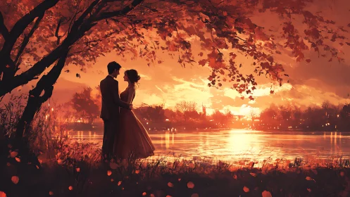 Autumnal Lakeside Couple: Silhouetted Figures Beneath Fiery Tree.