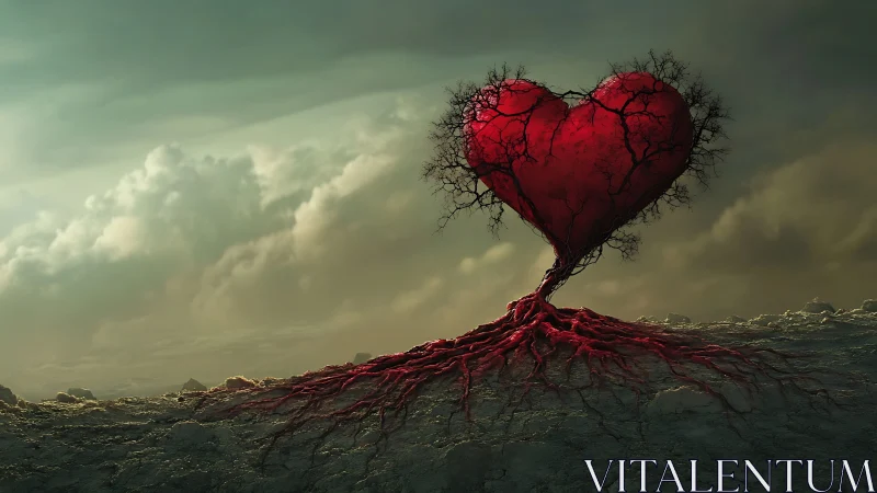 Digital rendering of heart-shaped tree form with crimson canopy and sprawling root system.