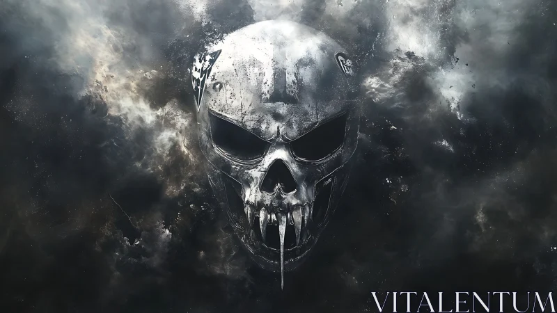 Metallic skull emblem is centered within dark atmospheric clouds