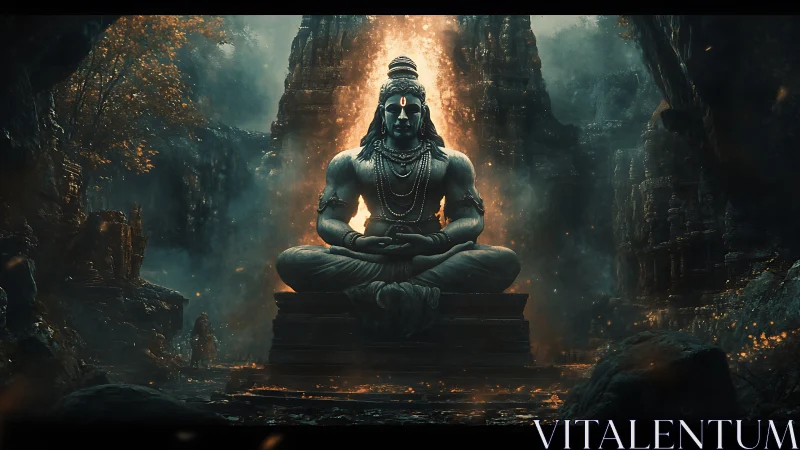 Serene stone deity glowing softly in a hidden mountain temple.