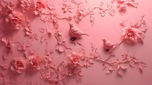 Elegant Pink Relief Art with Birds and Roses in Floral Style.