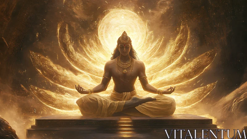 Digital painting of divine meditator with radiant aureole geometry.