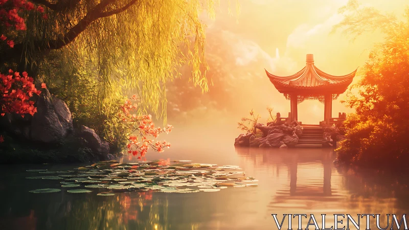 Golden lakeside pavilion glowing in peaceful morning light.