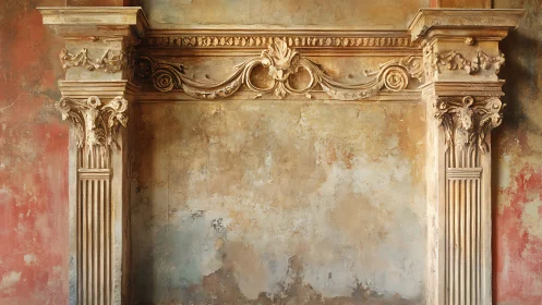 Weathered baroque wall frame with ornate stone columns.
