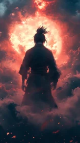 Lone warrior embraces a blazing sky of firelit clouds