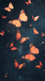 Monarch butterflies drift through a dreamy cosmic night sky.
