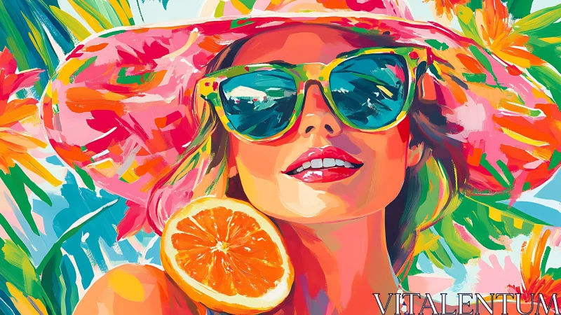 Vibrant summer portrait of woman in hat and sunglasses.