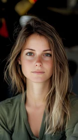 Softly lit portrait of young woman with calm direct gaze.