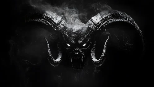Horned demonic skull rendered in monochrome digital art.