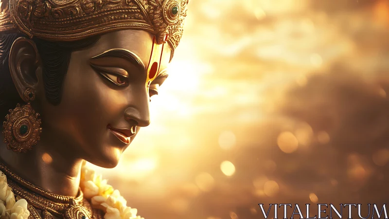 Golden divine statue rendered in warm cinematic side light