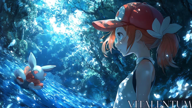 Girl meets small creature under luminous forest canopy