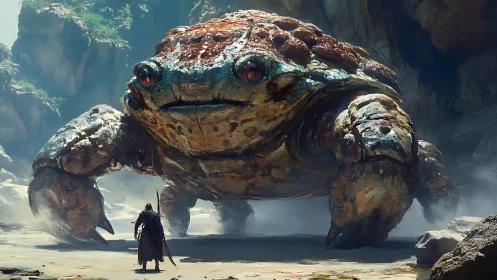 Warrior confronts colossal crablike creature in misty canyon