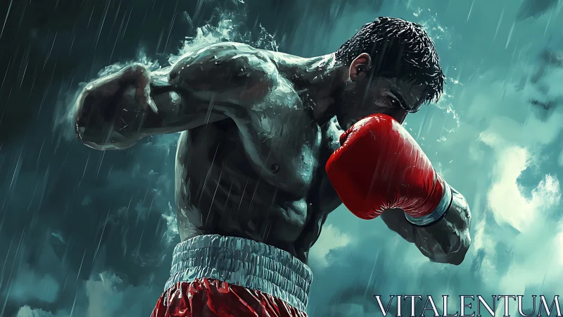 Boxer in Rain: Stormy Momentum Combat Sport.