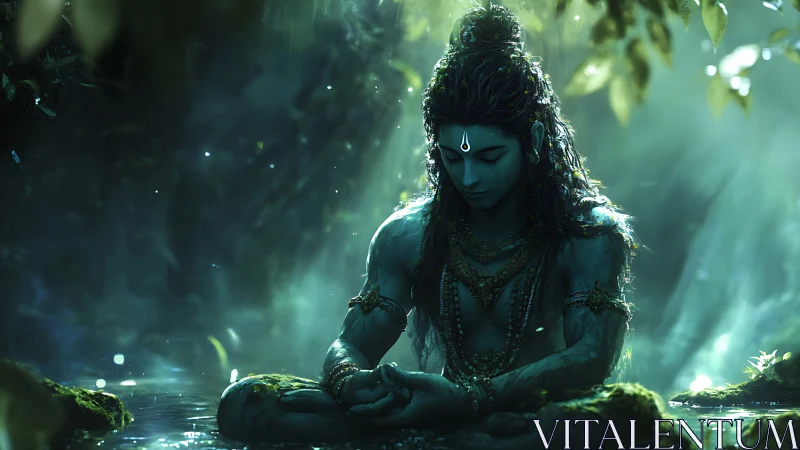 Blue-skinned figure meditates beside water in forest light