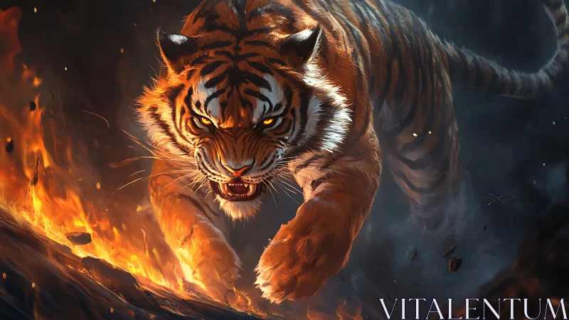 Fierce firelit tiger charging through glowing embers.