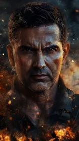 Intense male portrait surrounded by rising flames and smoke.