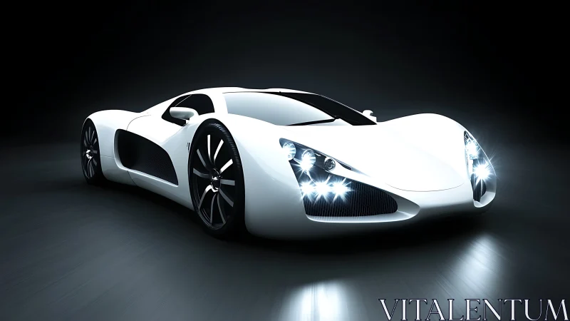 White concept sports car is rendered on dark reflective ground