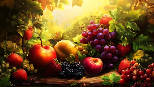 Sunlit orchard feast with jewel-toned fruits and glowing leaves.