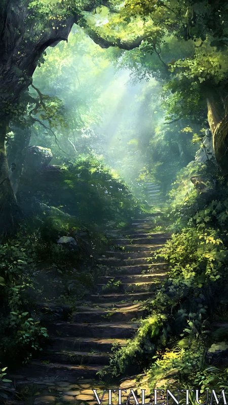 Ancient Forest Path Where Sunlight Dances Through Emerald Canopies.