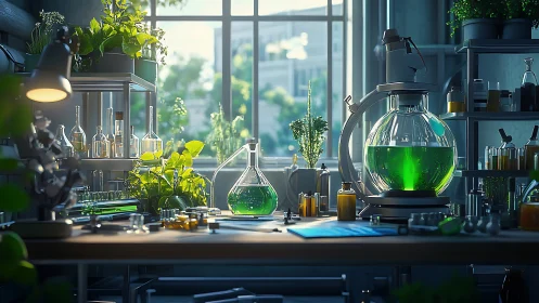 Biophilic laboratory bench integrates glassware with luminous green serum