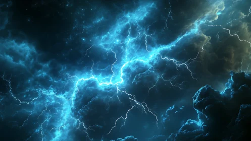 Electric storm clouds erupt across deep cyan night sky.